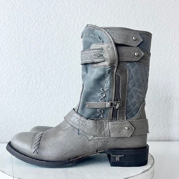 NEW Lane Boots Womens Gray Leather Canvas Mid-Calf Western Moto Style Zip Size 8 - Picture 4 of 12